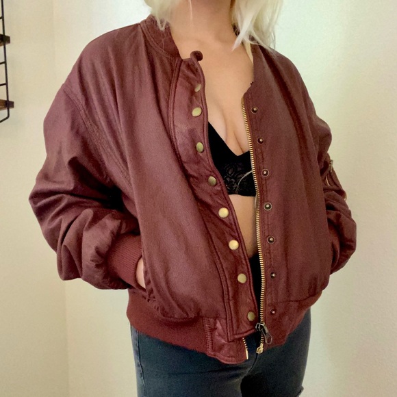 Free People Burgundy Bomber Jacket. - Picture 2 of 3